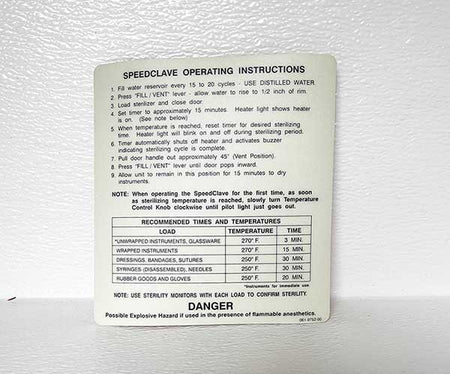 Label, Operating Instructions, Midmark M7 SpeedClave Part