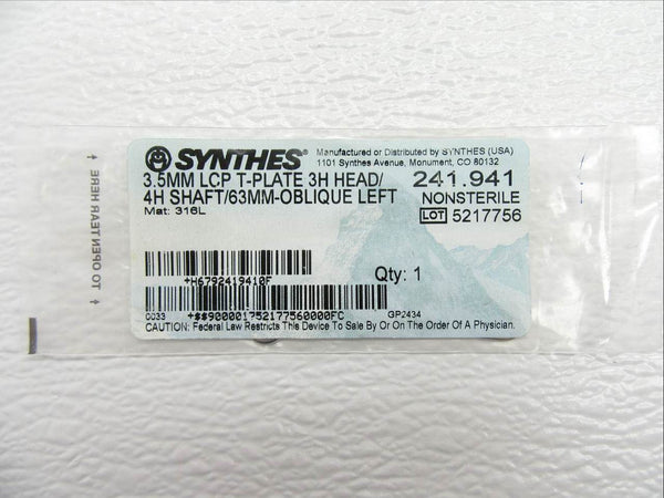 Synthes 3.5mm LCP T-Plate 3H Head/4H Shaft - 241.941