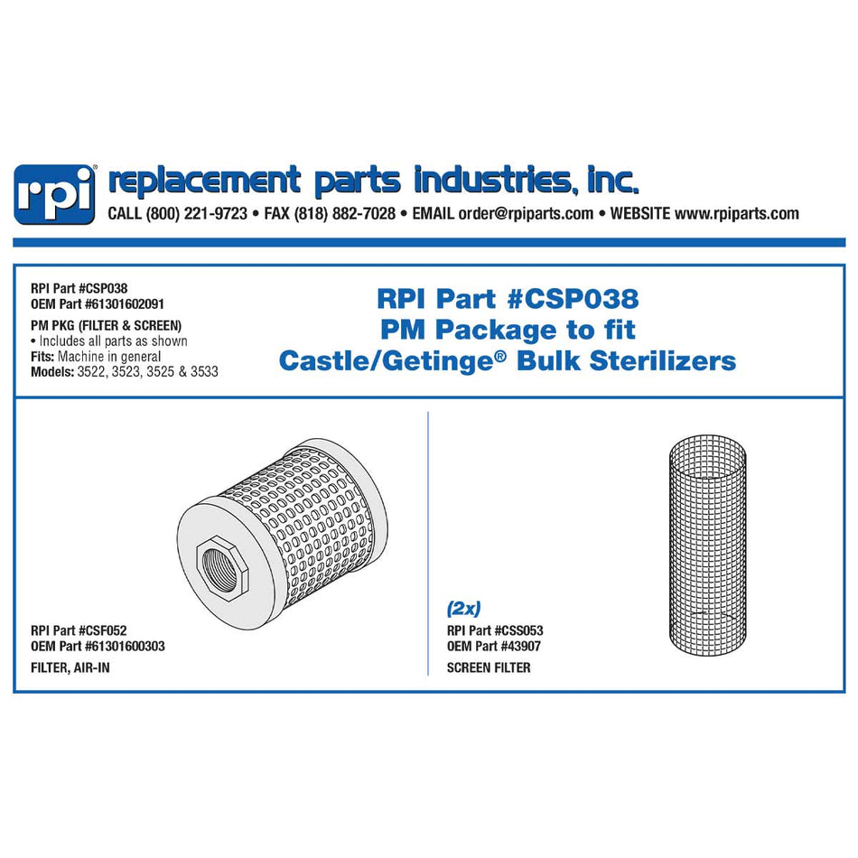 PM PKG, Filter/Screen Castle Sterilizer Part: 61301602091/CSP038