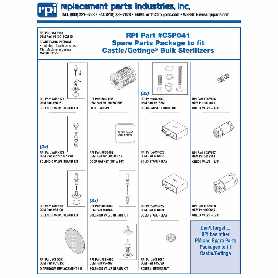 Parts, Spare Package Getinge/Castle Part:613016602510/CSP041