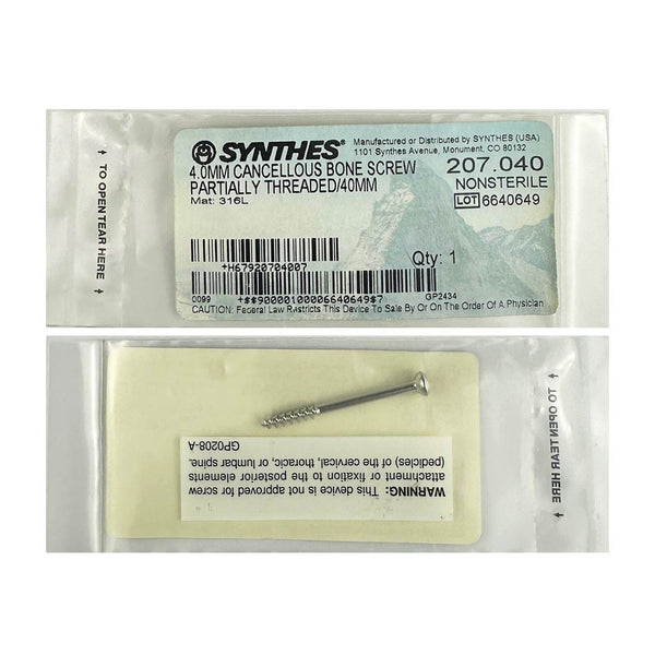Synthes 4.0mm Cancellous Bone Screw - 207.040