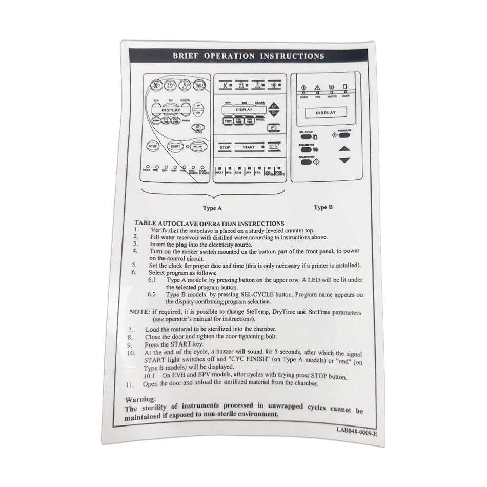 Label,  Operator For Tuttnauer E/EK Autoclaves Part: 02510517